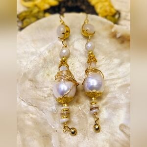 Genuine Sparkling Moonstone  In Long Gold Plated Earrings W/ Large Baroque Pearl